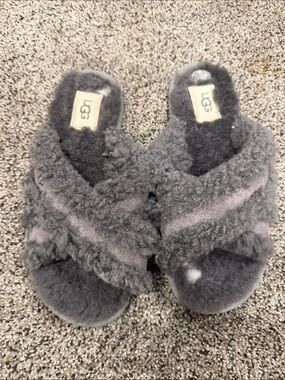 UGG Gray Shearling Cross-Strap Slide Slippers